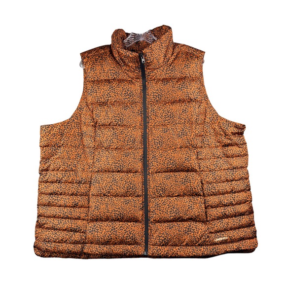 Lands' End Jackets & Blazers - Lands End Women 2X Down Puffer Vest Orange Brown Leopard Print Quilted Full Zip